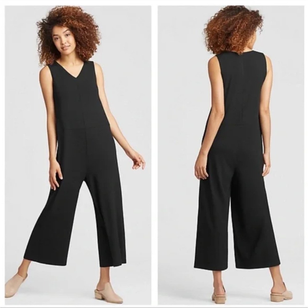 Eileen Fisher Black Jersey Viscose Jumpsuit V Neck Wide Leg Minimalist (Size L)